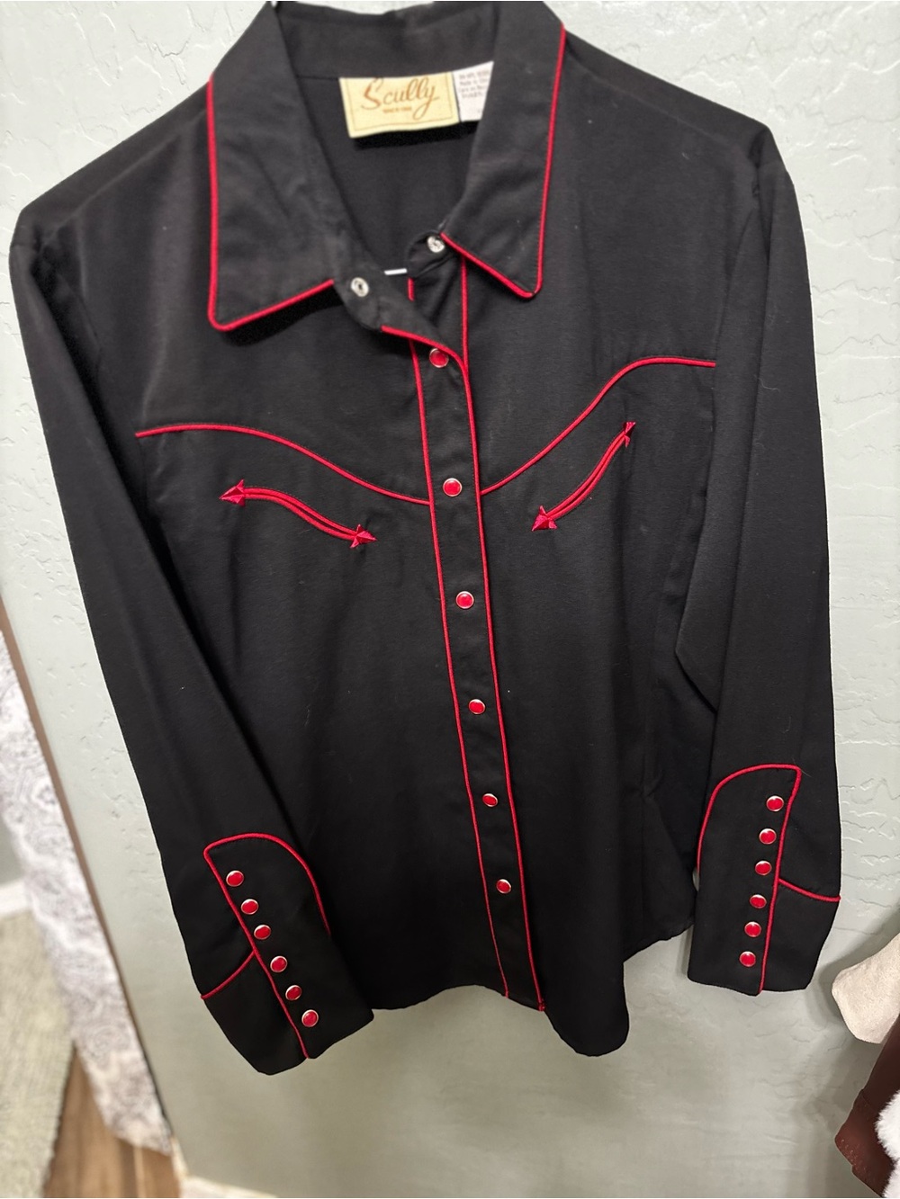 Scully Black Western Shirt with Red Piping Accents